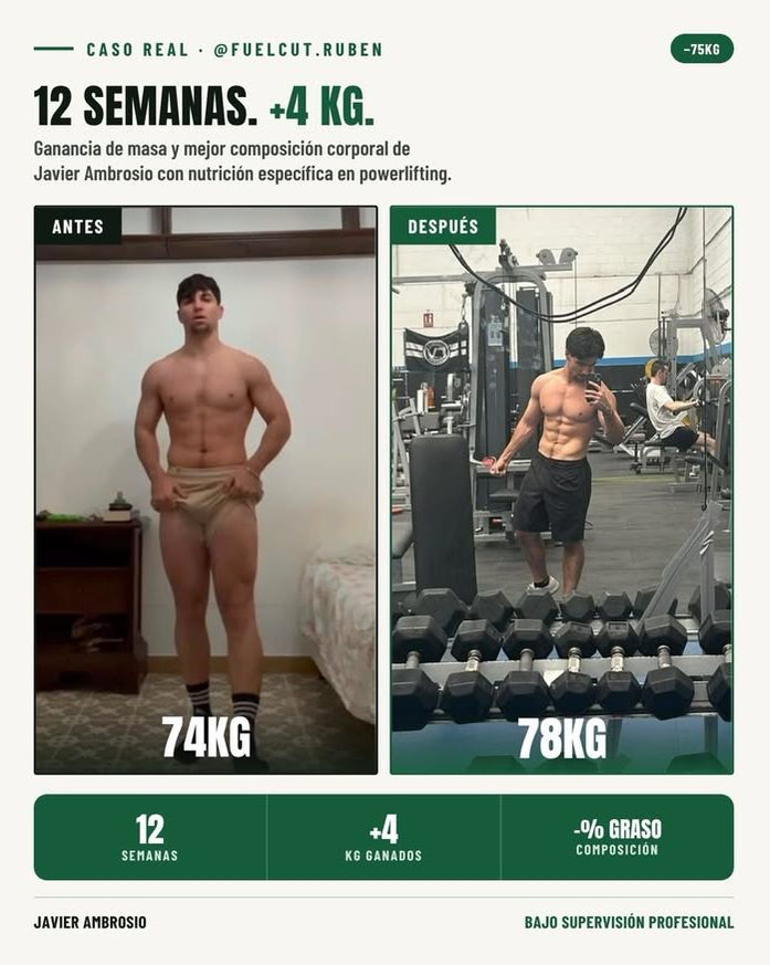 Antes y después de Javier Ambrosio: de 74 a 78 kg en 12 semanas